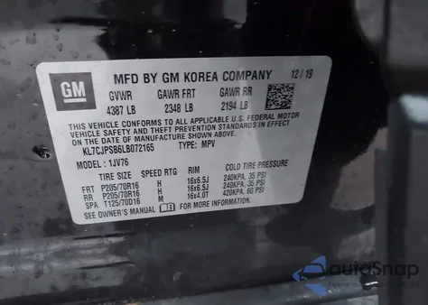 2020 Chevrolet Trax Awd Lt z USA, uszkodzony, nr VIN KL7CJPSB6LB072165